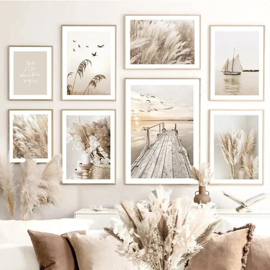 Coastal beige grass canvas wall art bedroom decor