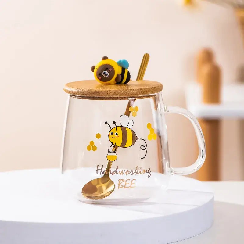 Bee glass spoon milk cup with bamboo lid kitchen coffee mug