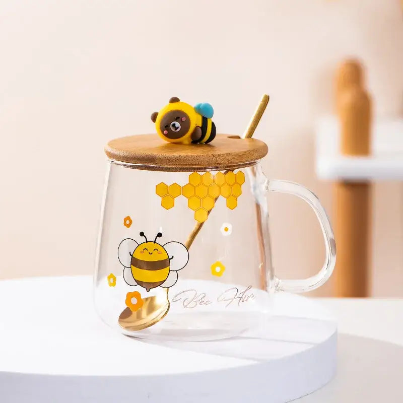 Bee glass spoon milk cup with bamboo lid kitchen coffee mug
