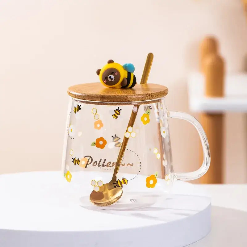 Bee glass spoon milk cup with bamboo lid kitchen coffee mug