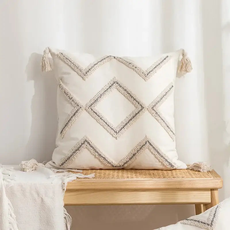 Beige and white geometric embroidery tassel cushion cover living room
