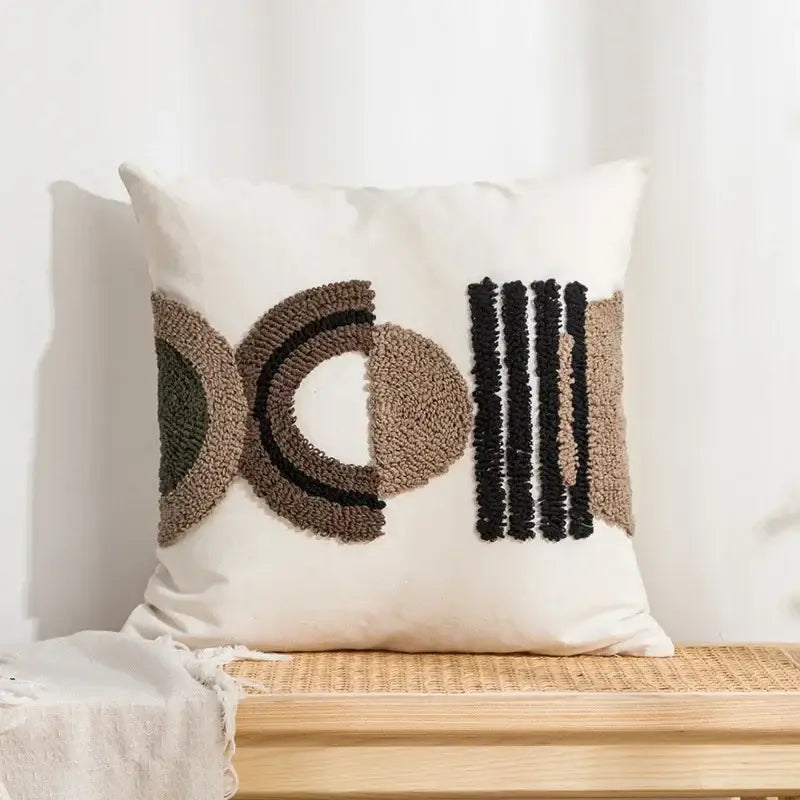 Beige and white geometric embroidery tassel cushion cover living room