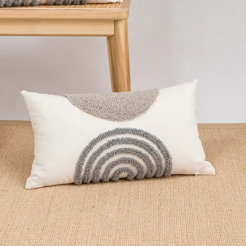 Beige and white geometric embroidery tassel cushion cover living room