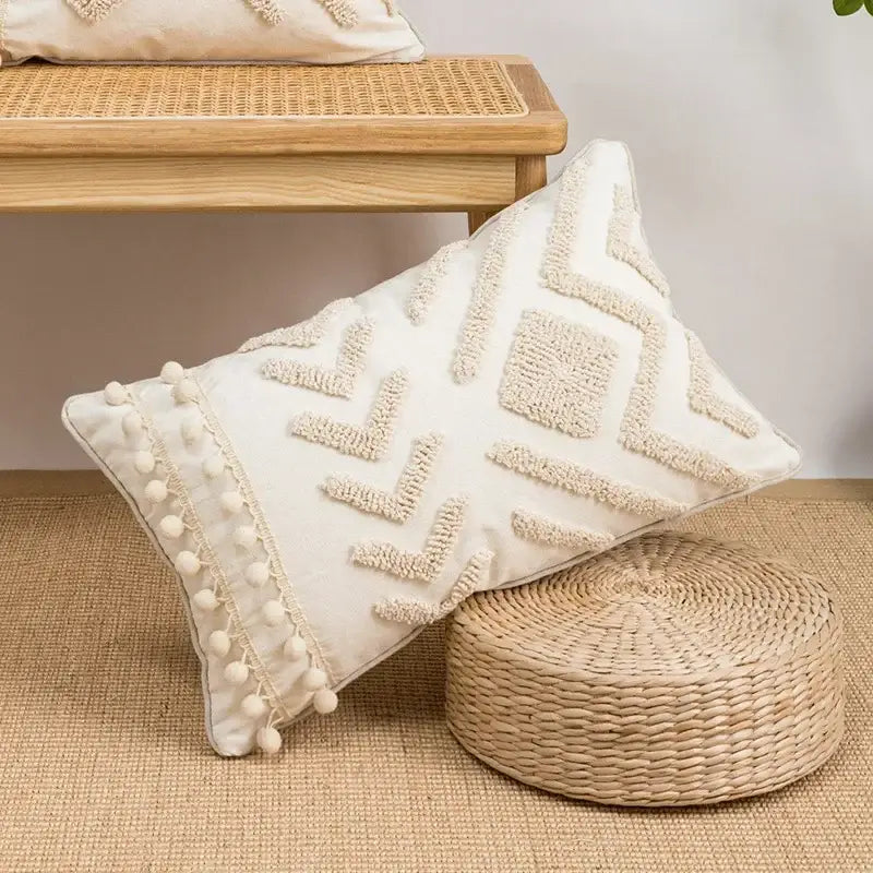 Beige and white geometric embroidery tassel cushion cover living room