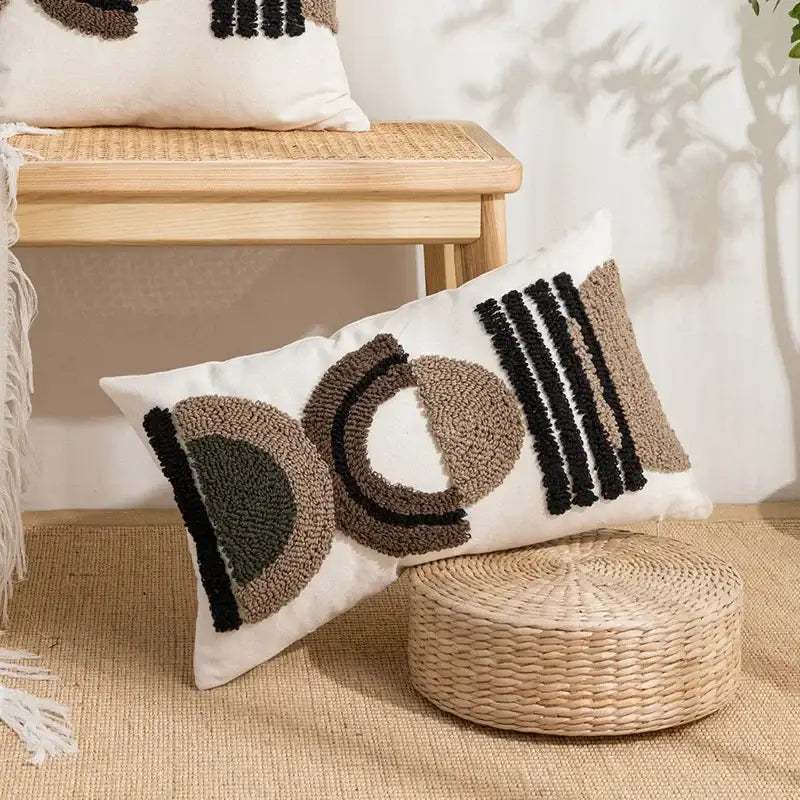Beige and white geometric embroidery tassel cushion cover living room