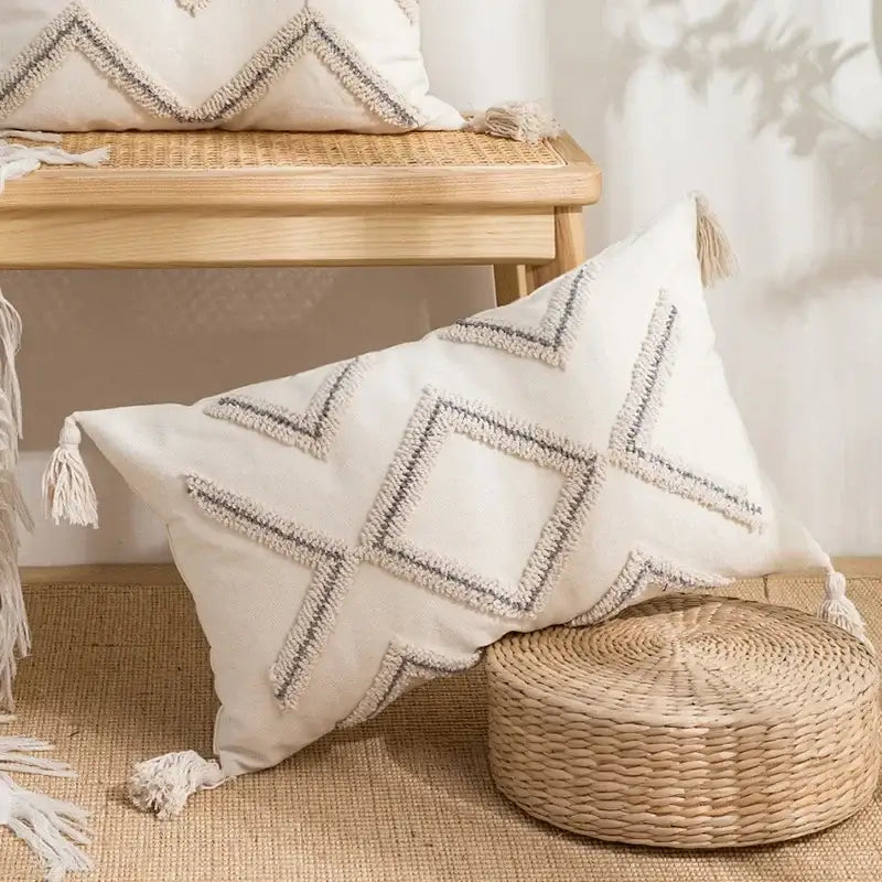Beige and white geometric embroidery tassel cushion cover living room