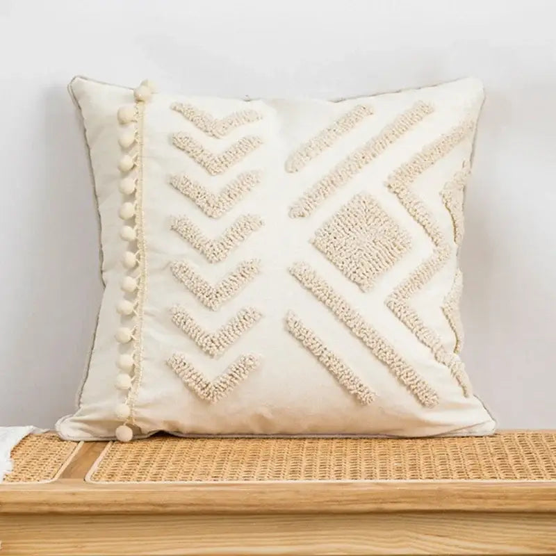Beige and white geometric embroidery tassel cushion cover living room