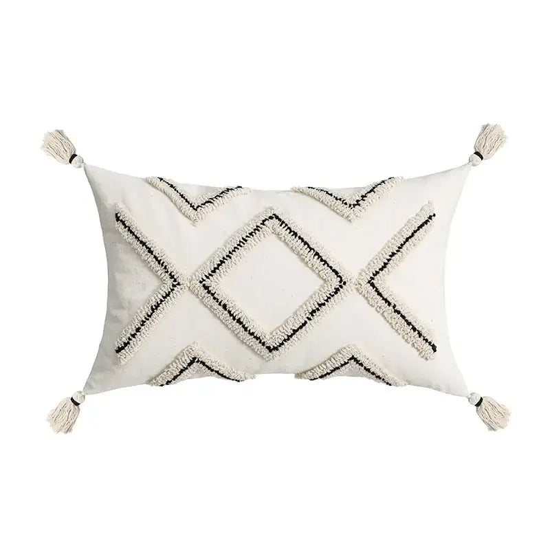 Beige and white geometric embroidery tassel cushion cover living room