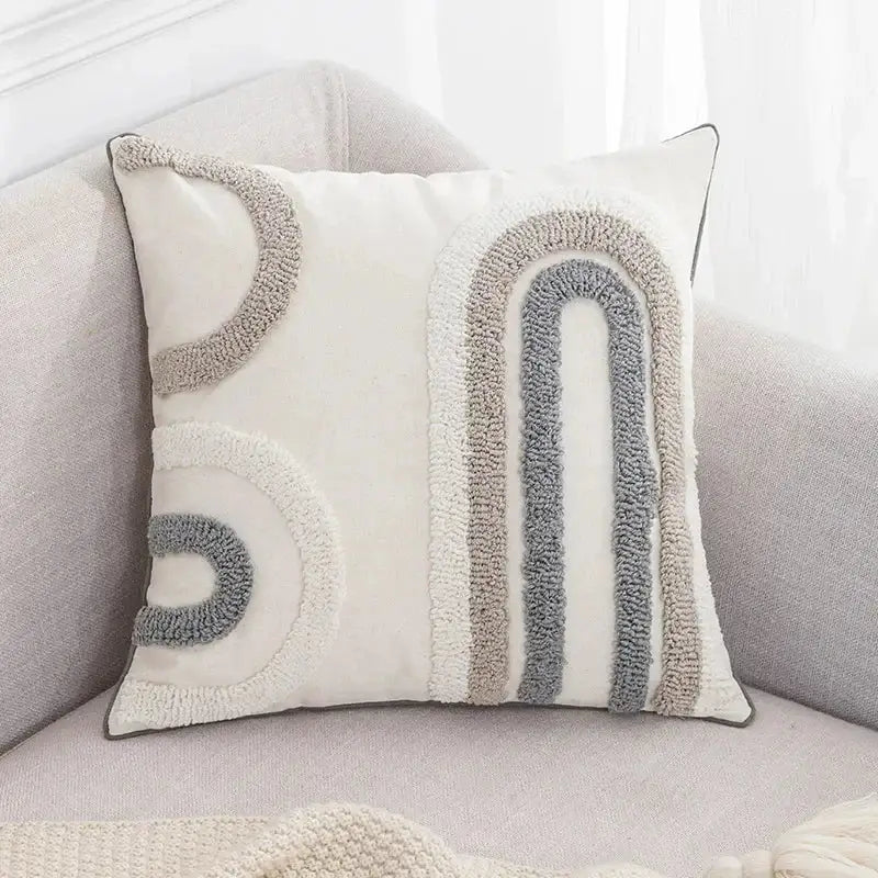 Beige and white geometric embroidery tassel cushion cover living room