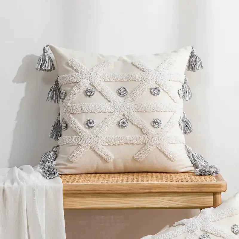 Beige and white geometric embroidery tassel cushion cover living room