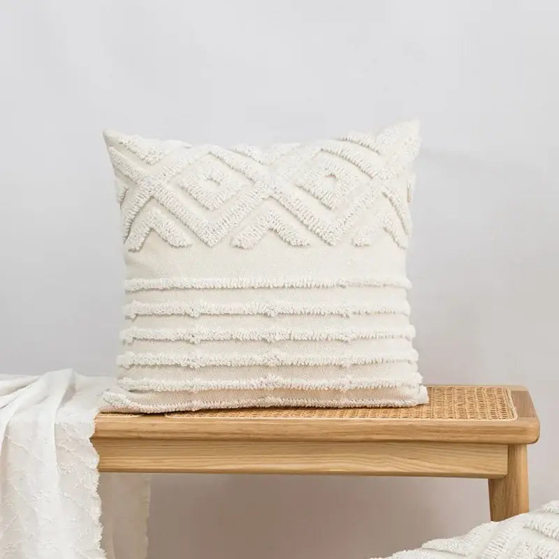Beige and white geometric embroidery tassel cushion cover living room