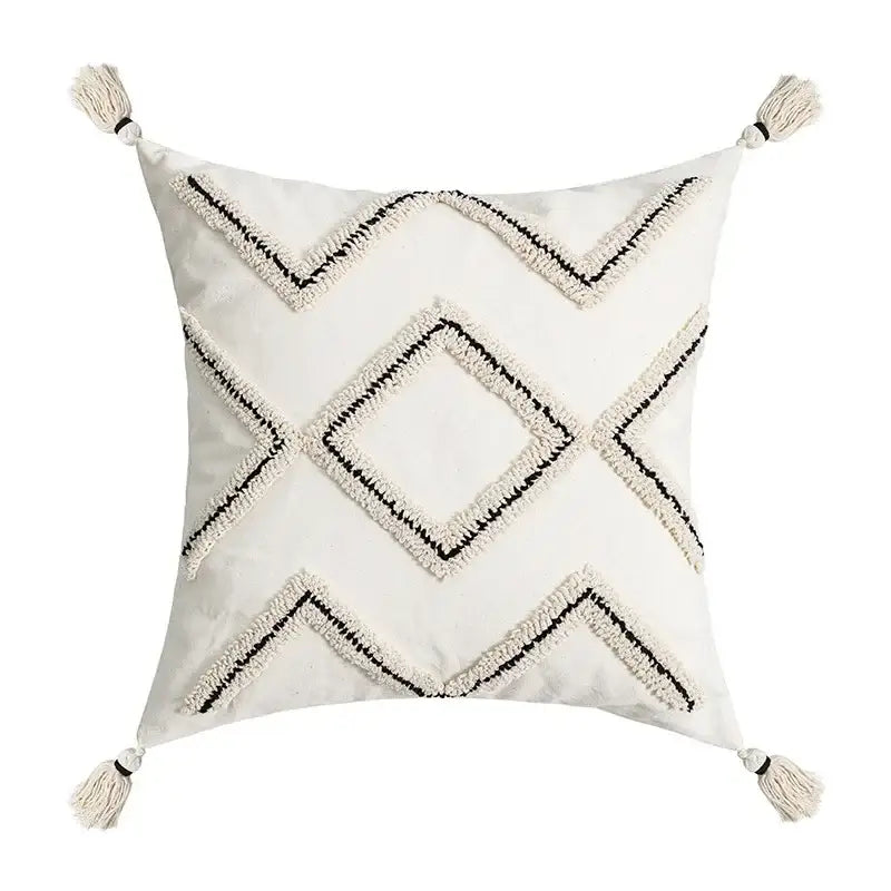 Beige and white geometric embroidery tassel cushion cover living room