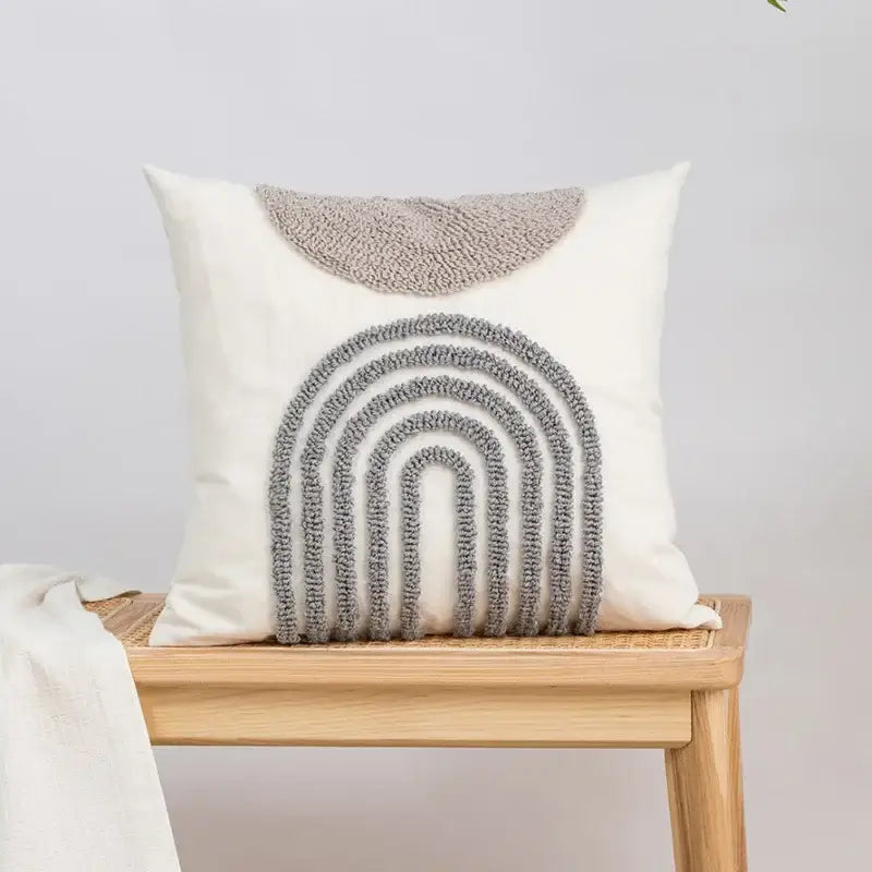 Beige and white geometric embroidery tassel cushion cover living room
