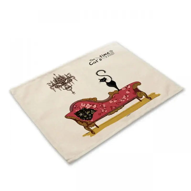 Beige & black cat linen placemat set for dining room table decor