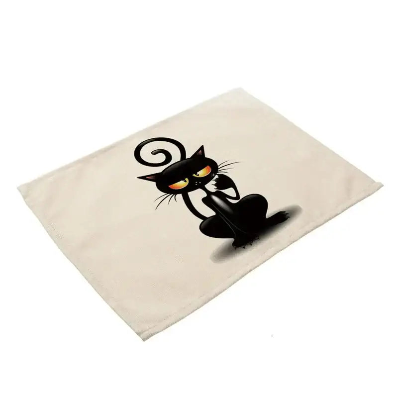 Beige & black cat linen placemat set for dining room table decor