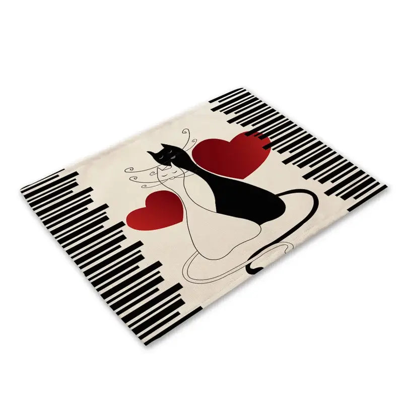 Beige & black cat linen placemat set for dining room table decor