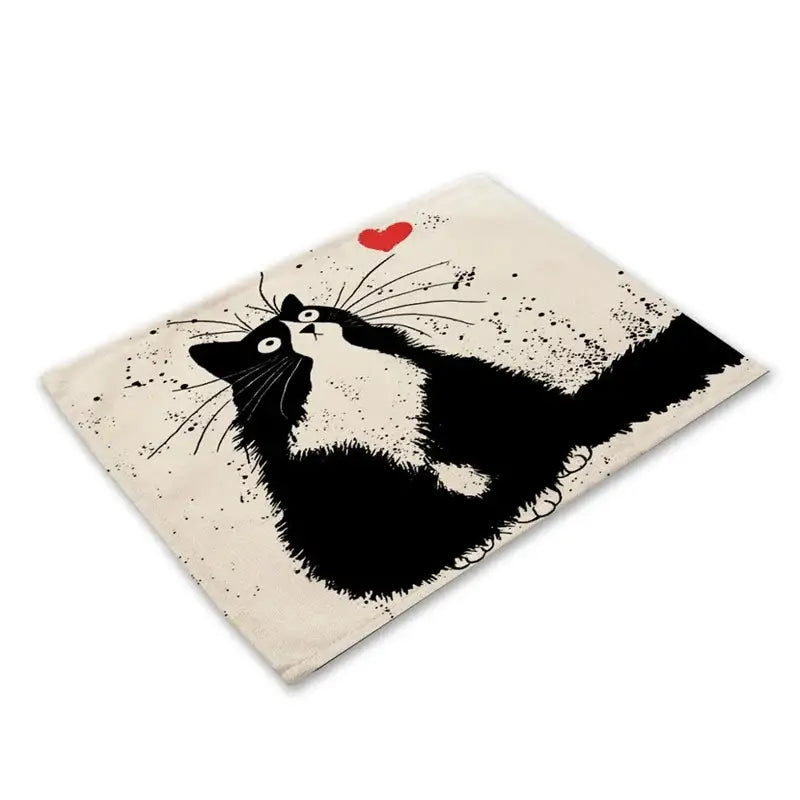 Beige & black cat linen placemat set for dining room table decor