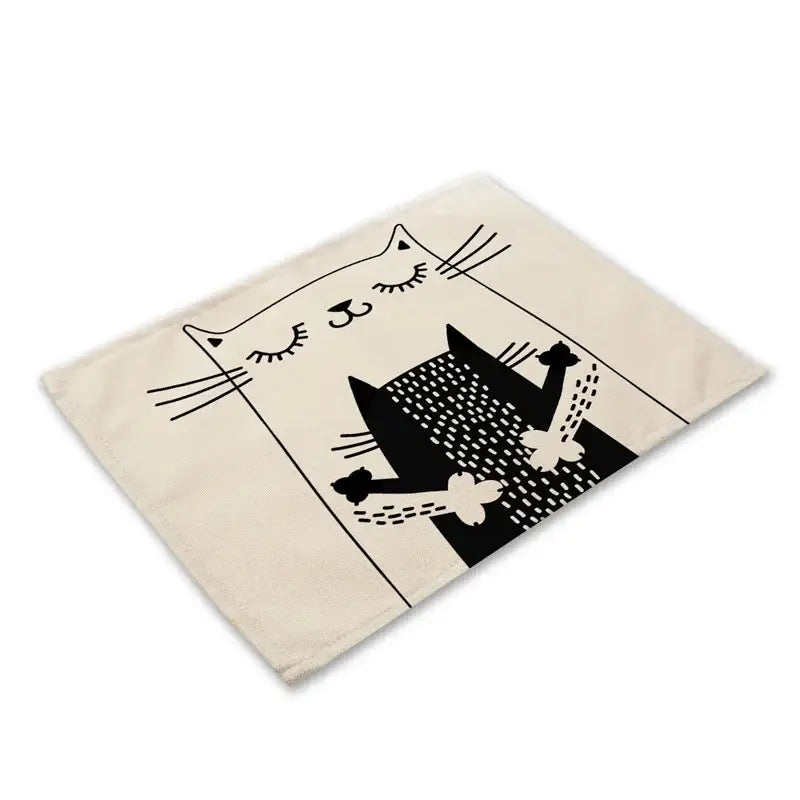 Beige & black cat linen placemat set for dining room table decor