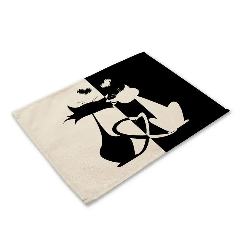 Beige & black cat linen placemat set for dining room table decor