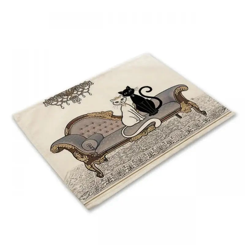 Beige & black cat linen placemat set for dining room table decor