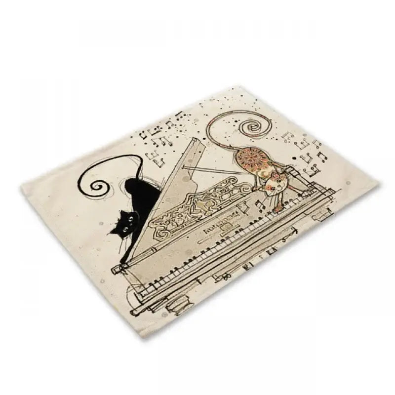 Beige & black cat linen placemat set for dining room table decor