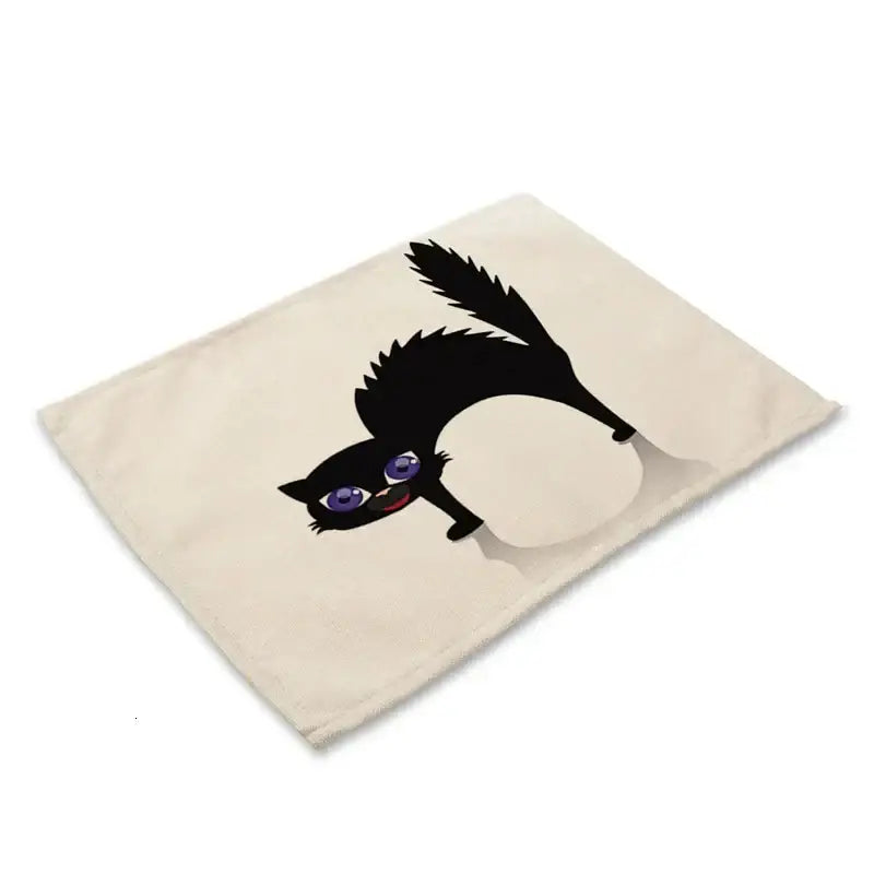 Beige & black cat linen placemat set for dining room table decor