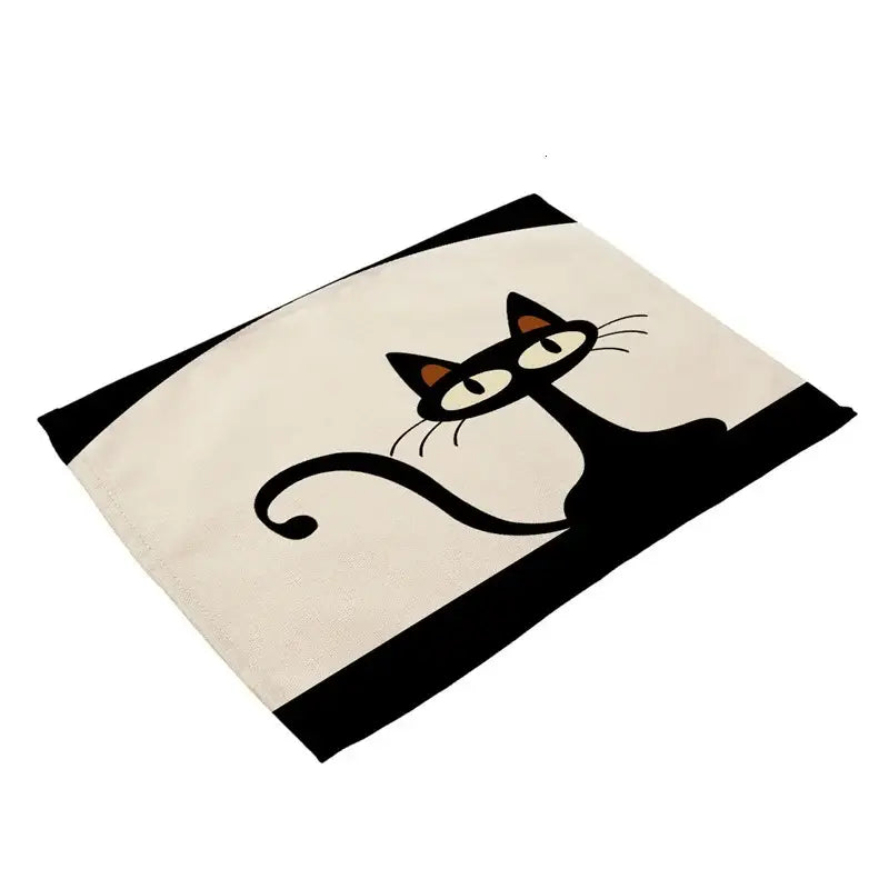 Beige & black cat linen placemat set for dining room table decor