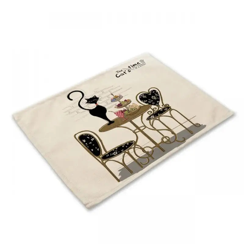 Beige & black cat linen placemat set for dining room table decor