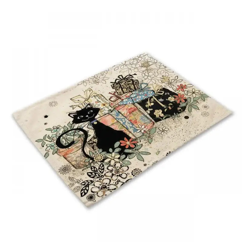 Beige & black cat linen placemat set for dining room table decor