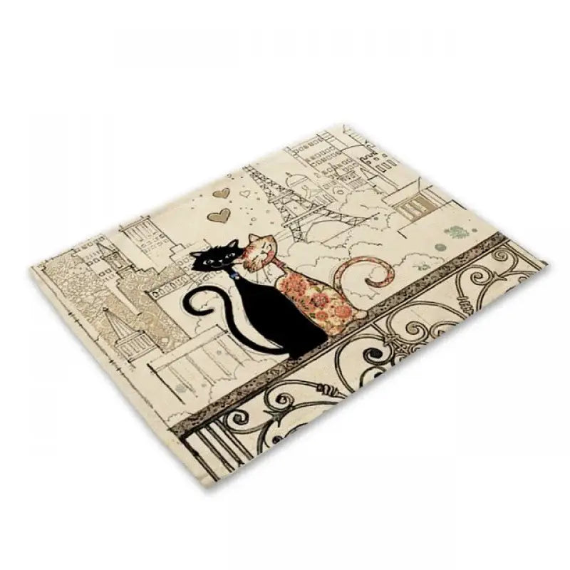Beige & black cat linen placemat set for dining room table decor