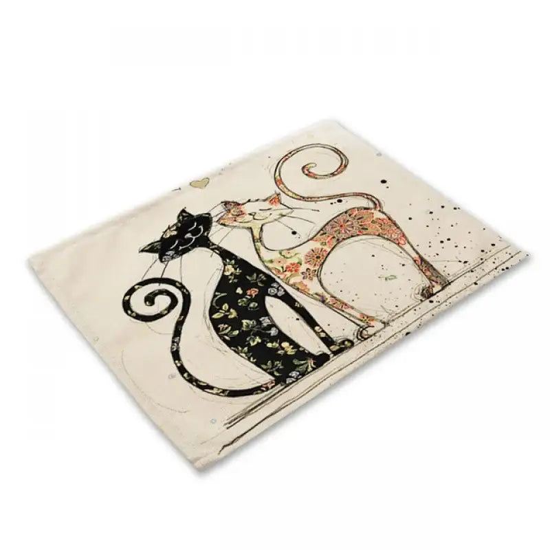 Beige & black cat linen placemat set for dining room table decor