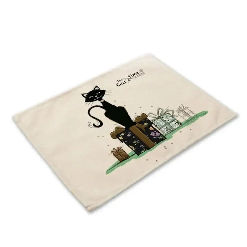 Beige & black cat linen placemat set for dining room table decor