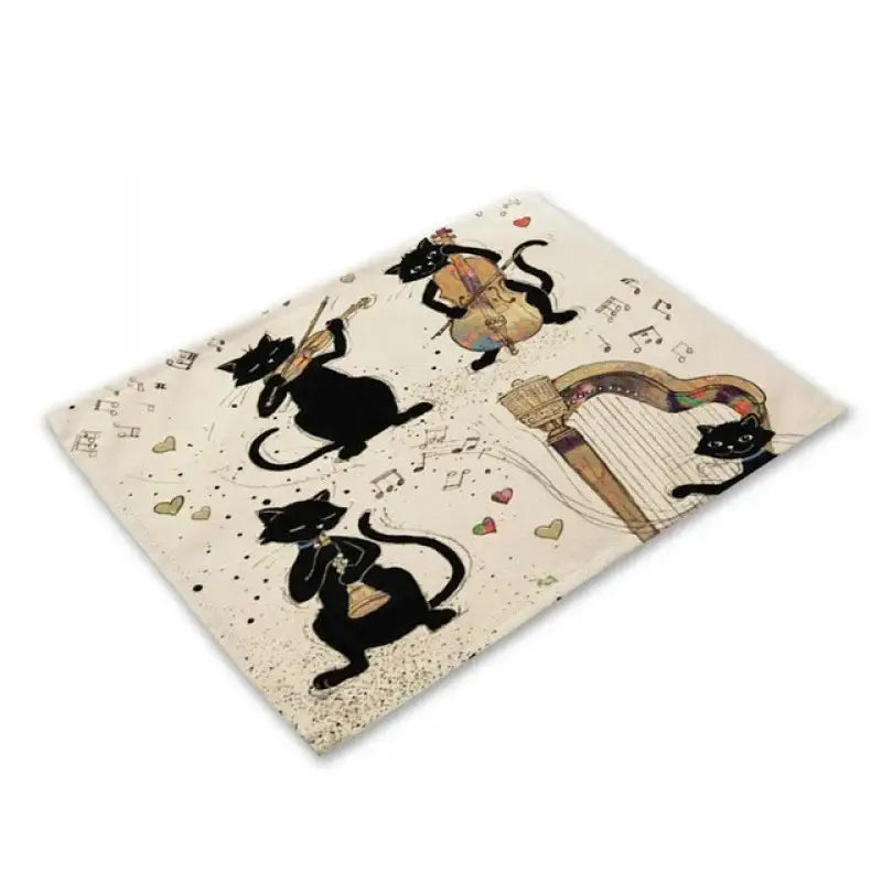 Beige & black cat linen placemat set for dining room table decor