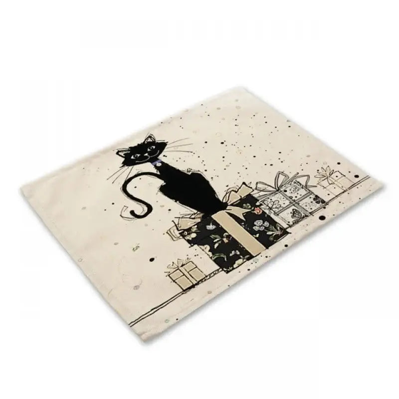Beige & black cat linen placemat set for dining room table decor