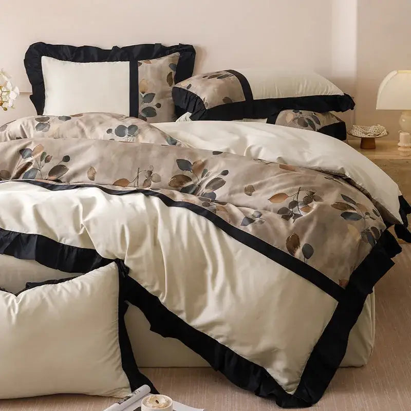 Beige & black leaf ice rayon summer bedding set bedroom duvet set