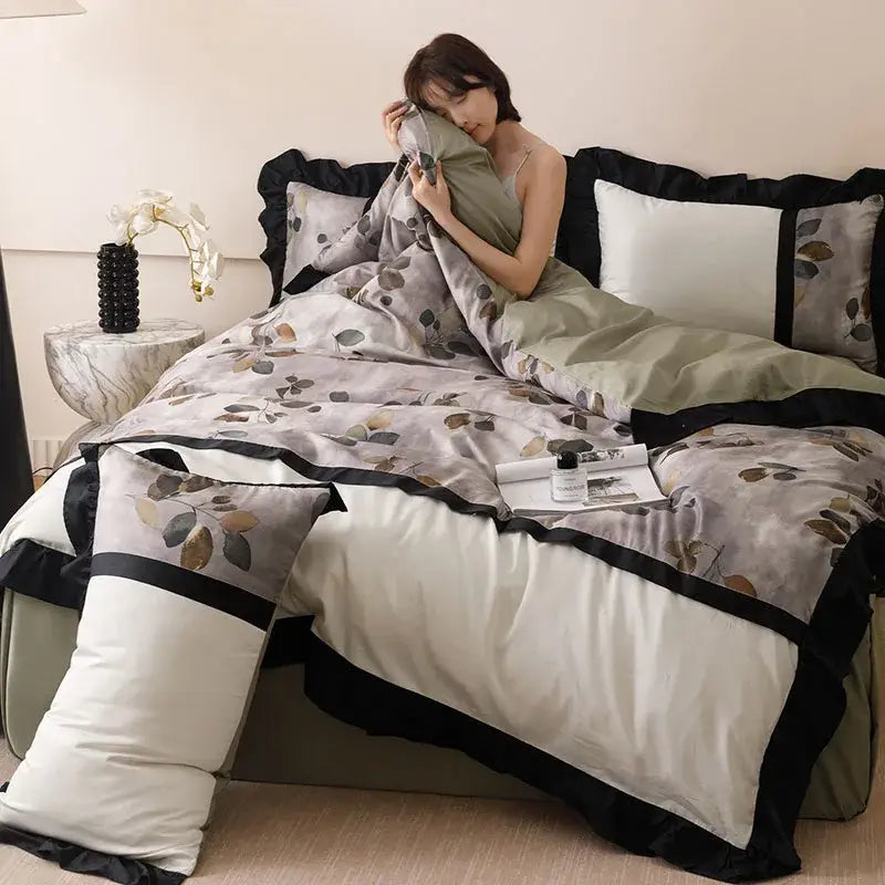 Beige & black leaf ice rayon summer bedding set bedroom duvet set