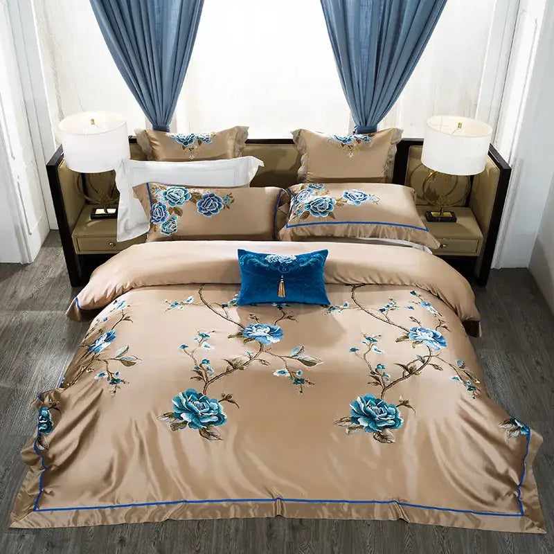 Beige & blue embroidered egyptian cotton bedding set bedroom luxury