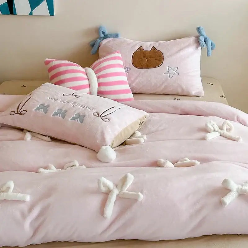 Beige & blue embroidered velvet duvet bedding set bedroom bow decor