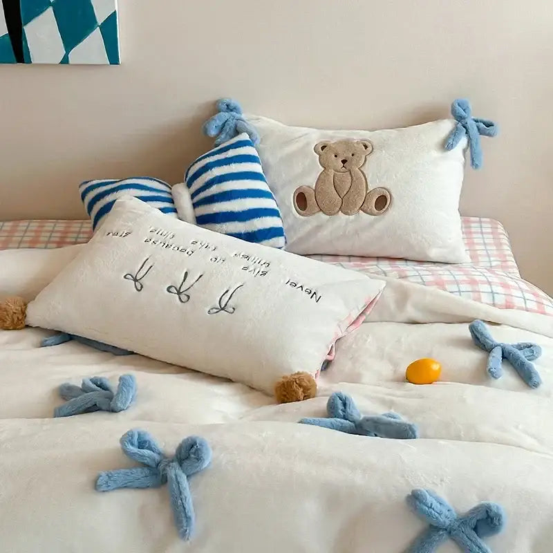 Beige & blue embroidered velvet duvet bedding set bedroom bow decor