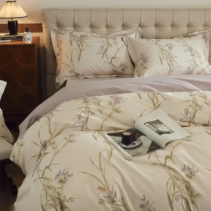 Beige & blush butterfly blooming flowers bedding set bedroom cotton