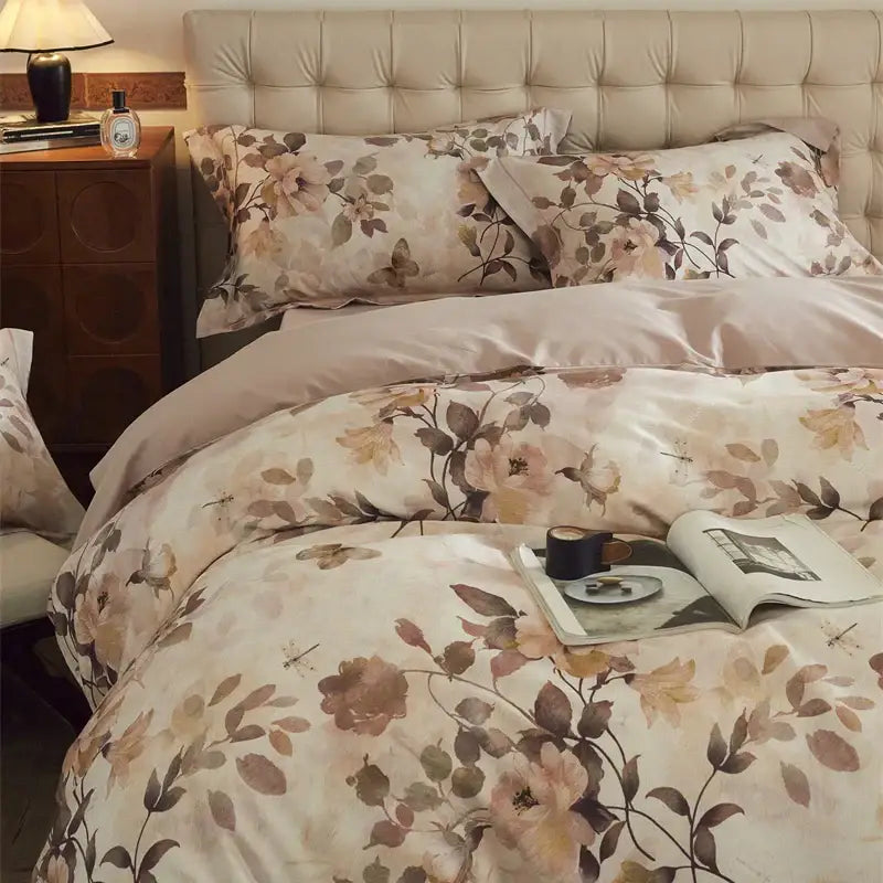 Beige & blush butterfly blooming flowers bedding set bedroom cotton
