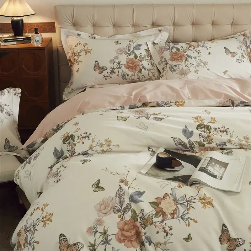 Beige & blush butterfly blooming flowers bedding set bedroom cotton
