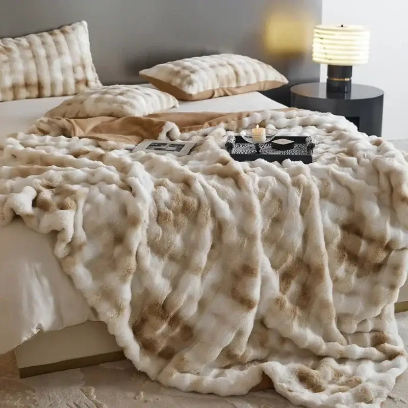 Beige & brown faux fur decorbites cozy fleece blanket bedroom throw