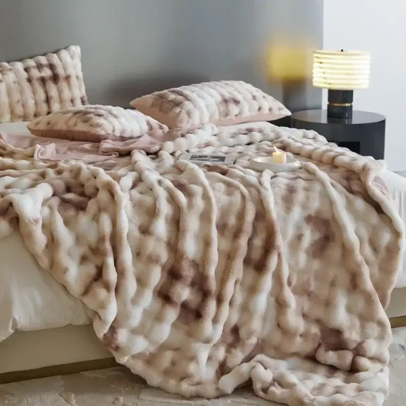 Beige & brown faux fur decorbites cozy fleece blanket bedroom throw