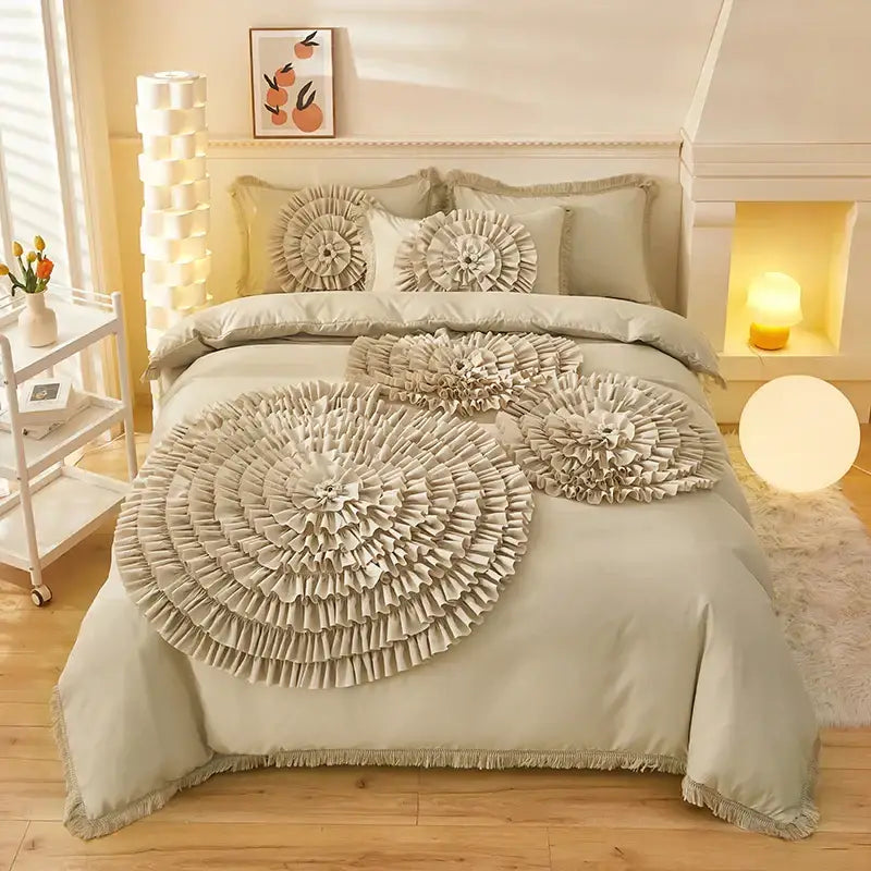 Beige brushed cotton flower embroidery bedding set bedroom ruffled decor