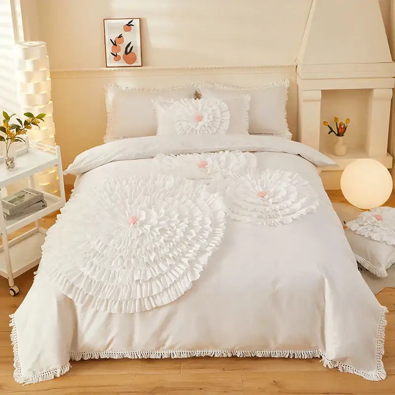 Beige brushed cotton flower embroidery bedding set bedroom ruffled decor