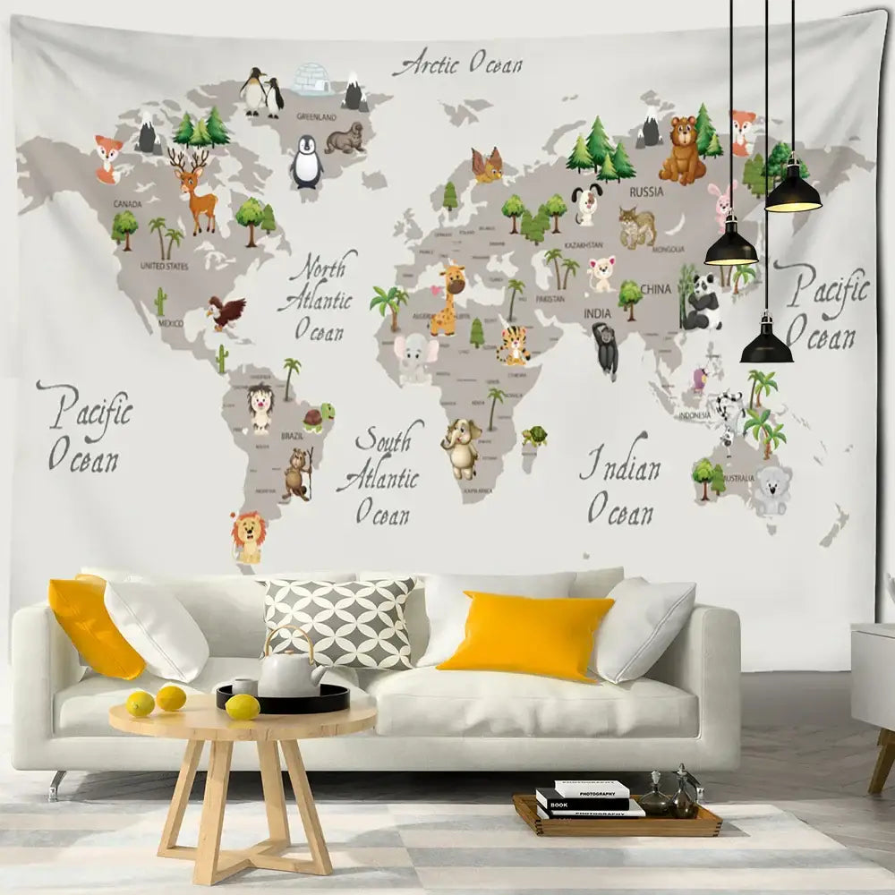 Beige cartoon animals map tapestry children's room wall decor