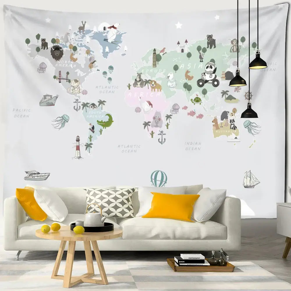 Beige cartoon animals map tapestry children's room wall decor