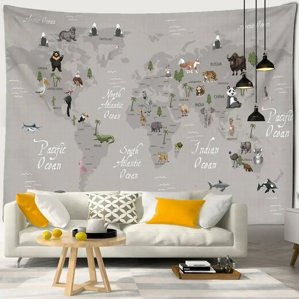 Beige cartoon animals map tapestry children's room wall decor