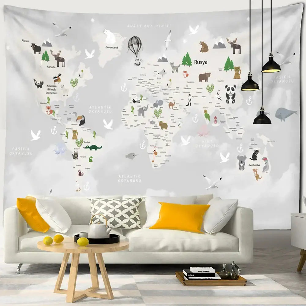 Beige cartoon animals map tapestry children's room wall decor